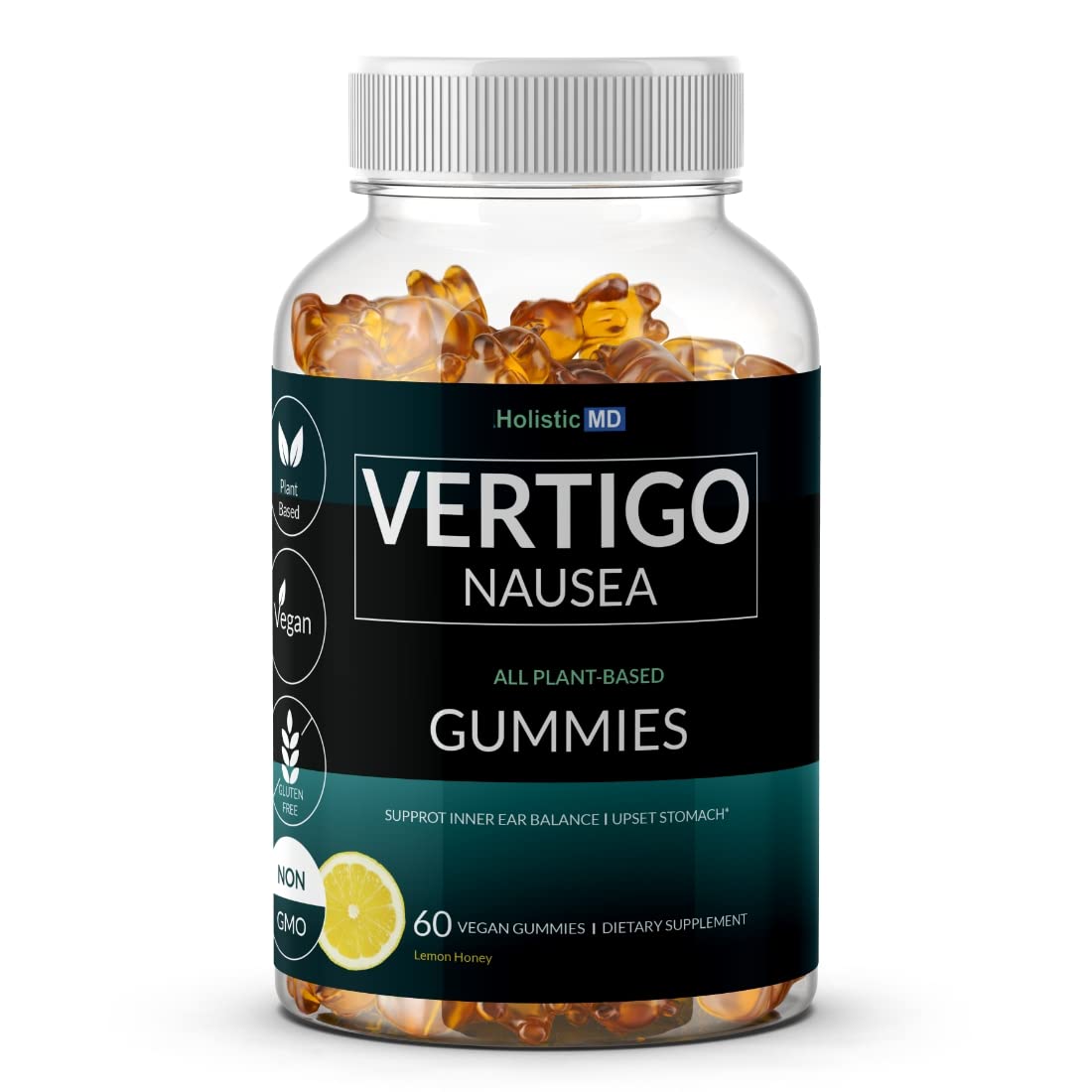 Holistic MD Vertigo Gummies bottle-cap close-up shows easy dosing for quick relief