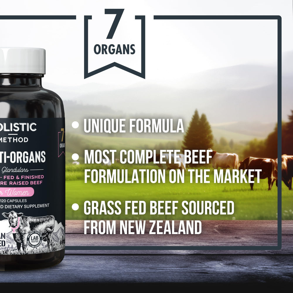 Holistic Method beef organ supplement label close-up highlighting New Zealand grass-fed source.