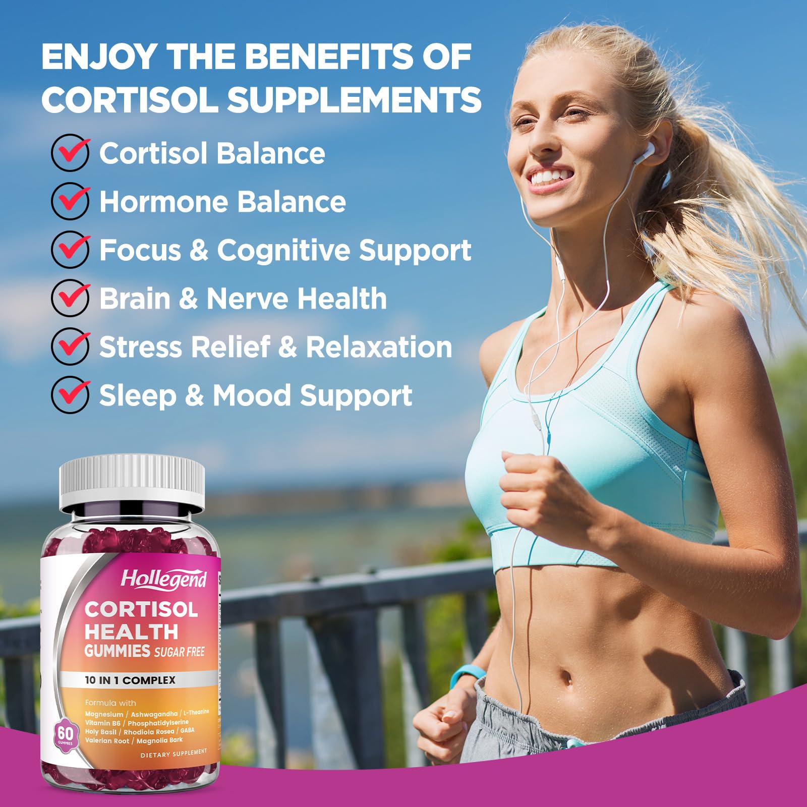 HOLLEGEND cortisol gummies packaging shows vegan sugar-free formula