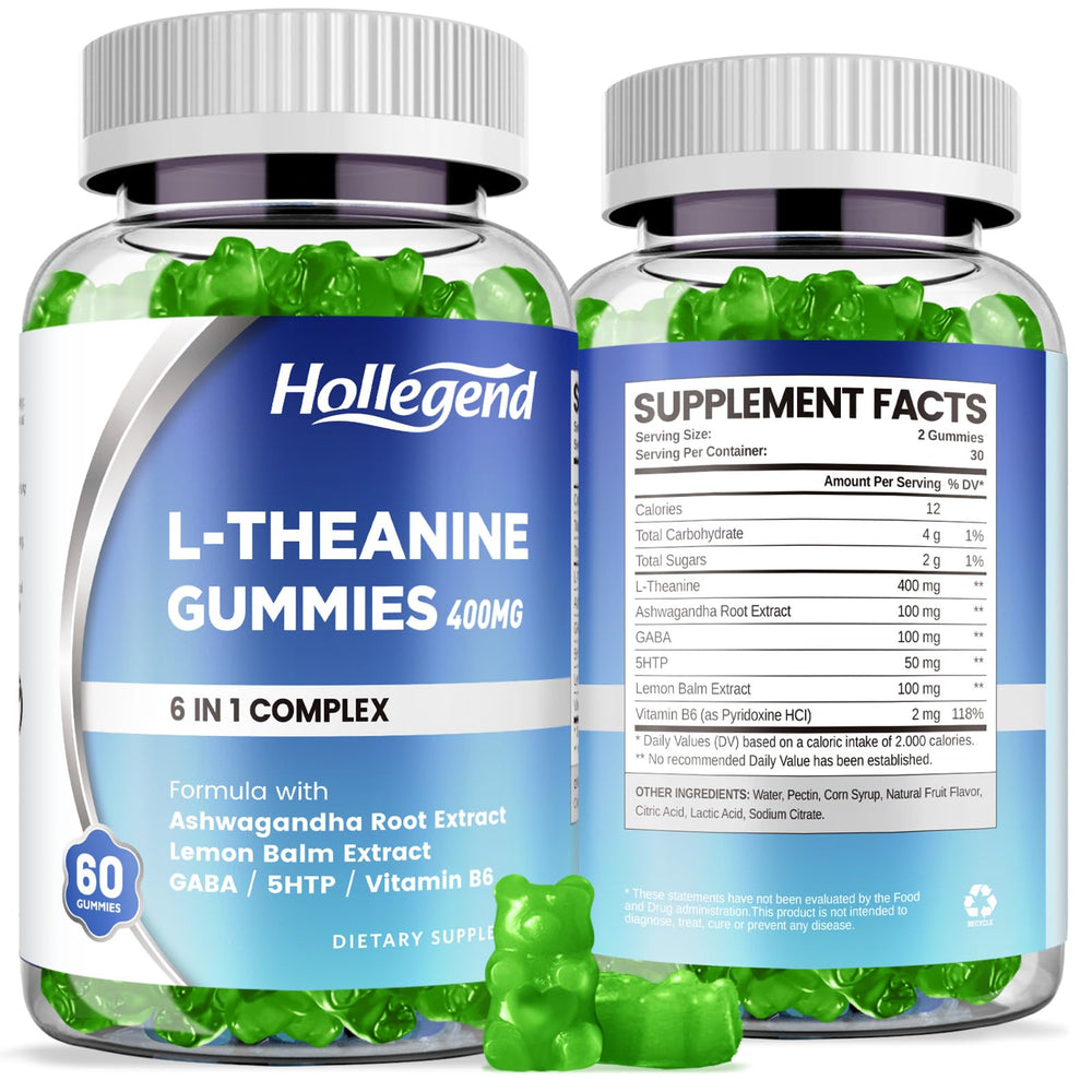 HOLLEGEND L-Theanine Gummies lemon bottle front for calm focus.