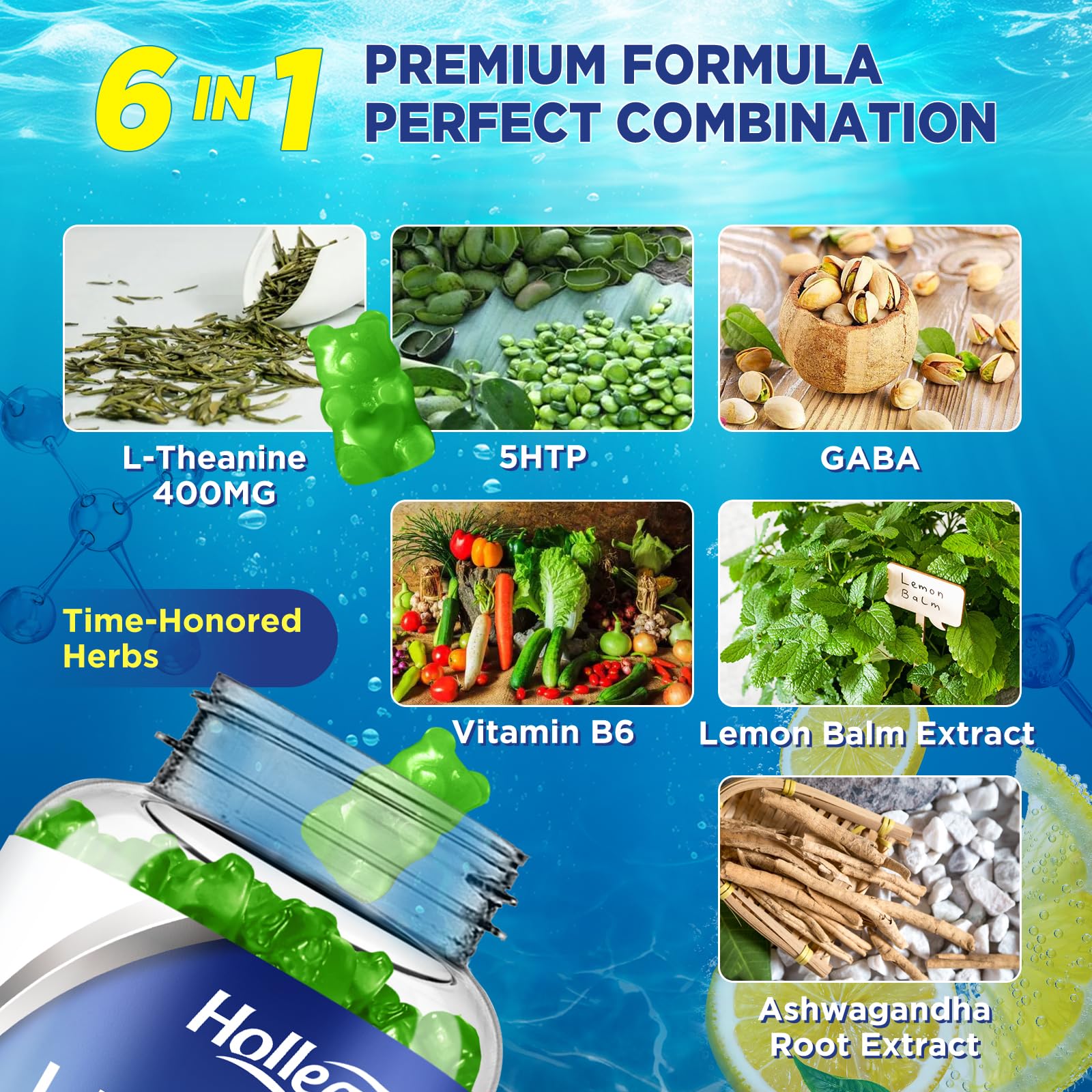 HOLLEGEND L-Theanine Gummies package open shows 6 in 1 formula.