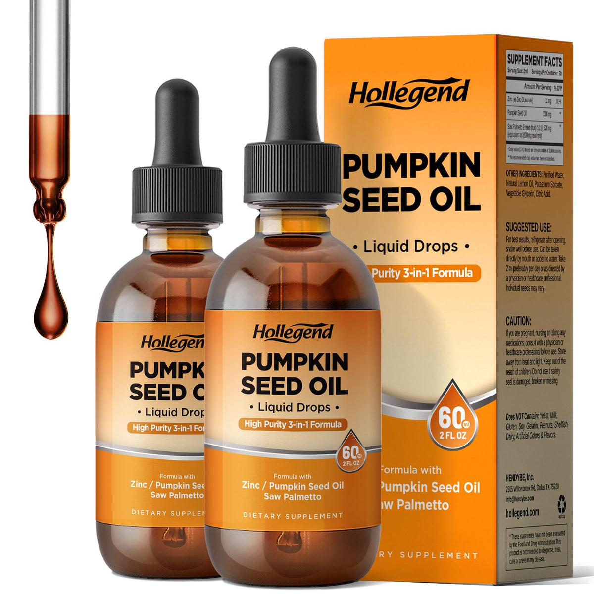 HOLLEGEND pumpkin seed oil bottle showcases a vegan, organic supplement for daily hair and skin support.