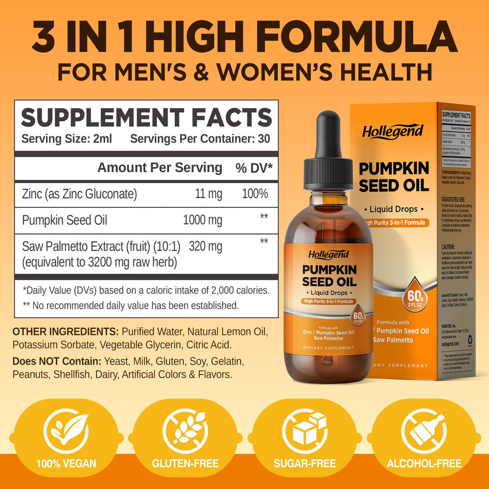 HOLLEGEND pumpkin seed oil drops in a measuring dropper for fast absorption.
