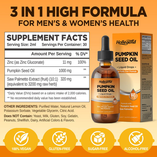 HOLLEGEND pumpkin seed oil drops in a measuring dropper for fast absorption.