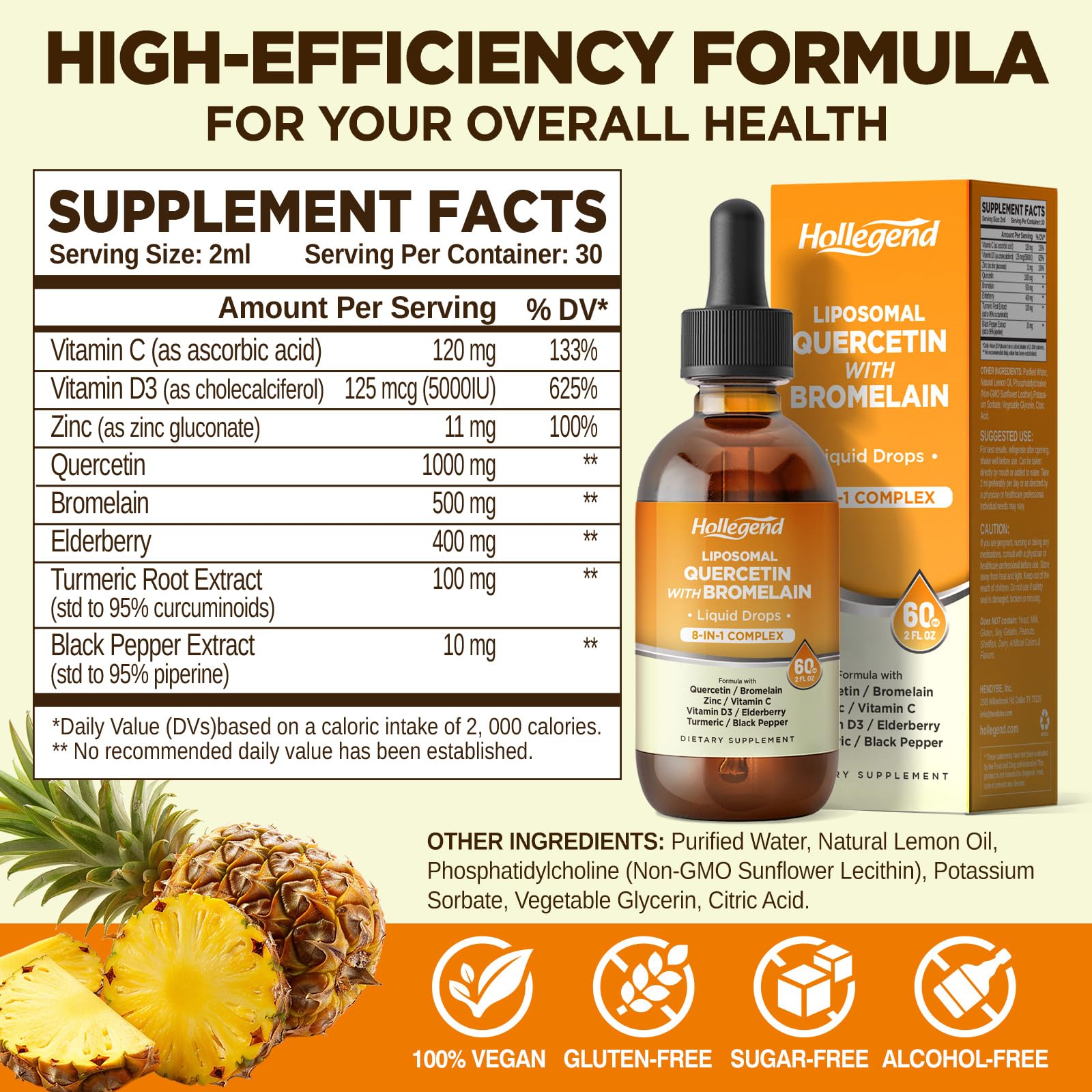 HOLLEGEND quercetin bromelain drops dispense close-up for precise dosing.