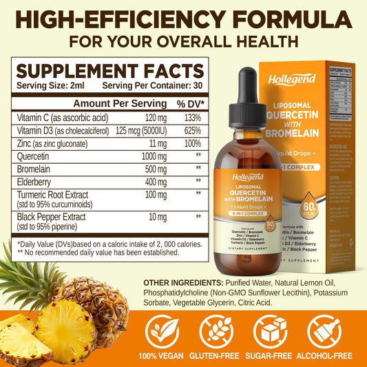 HOLLEGEND quercetin bromelain drops dispense close-up for precise dosing.