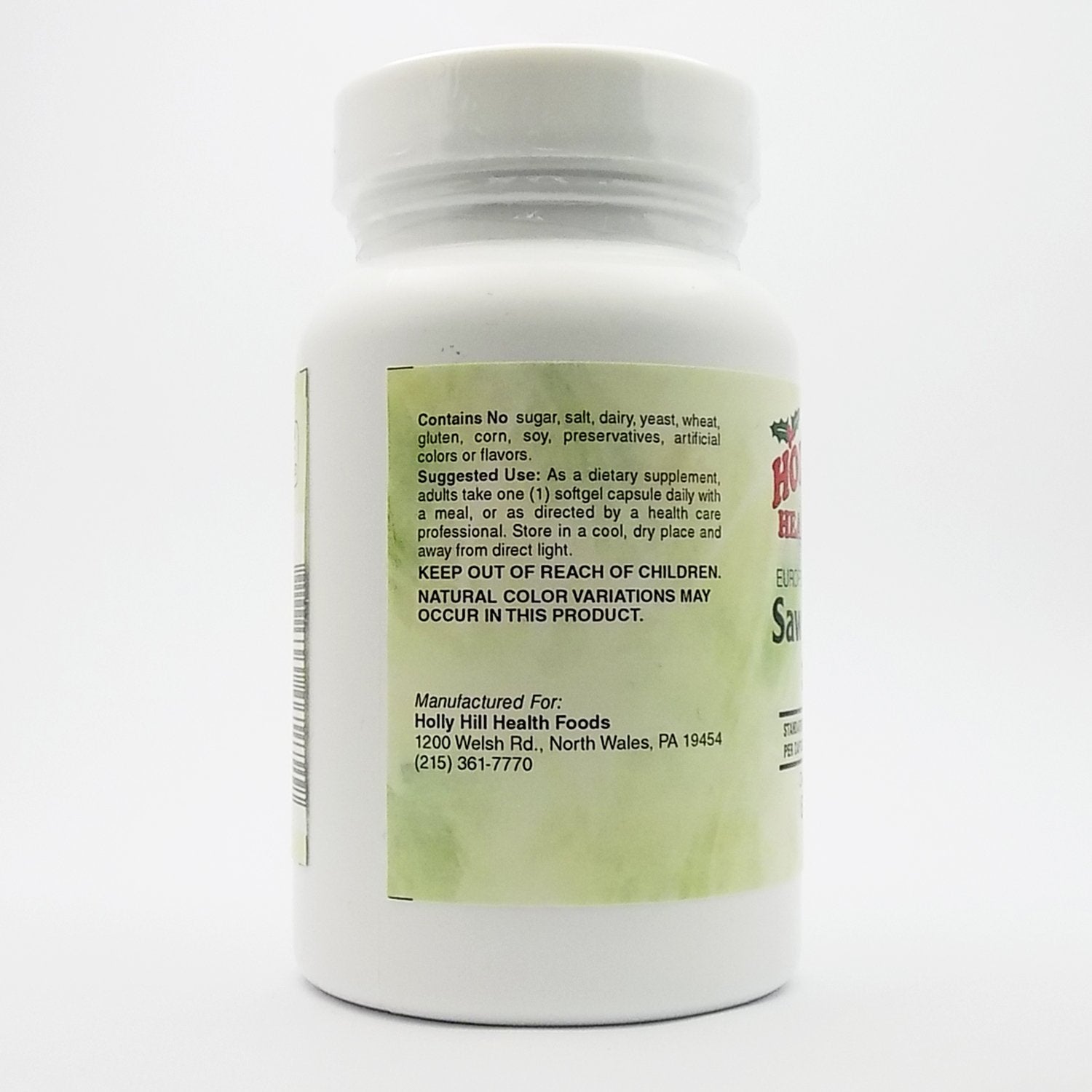 Holly Hill Health Foods European standardized saw palmetto label emphasizing European standards