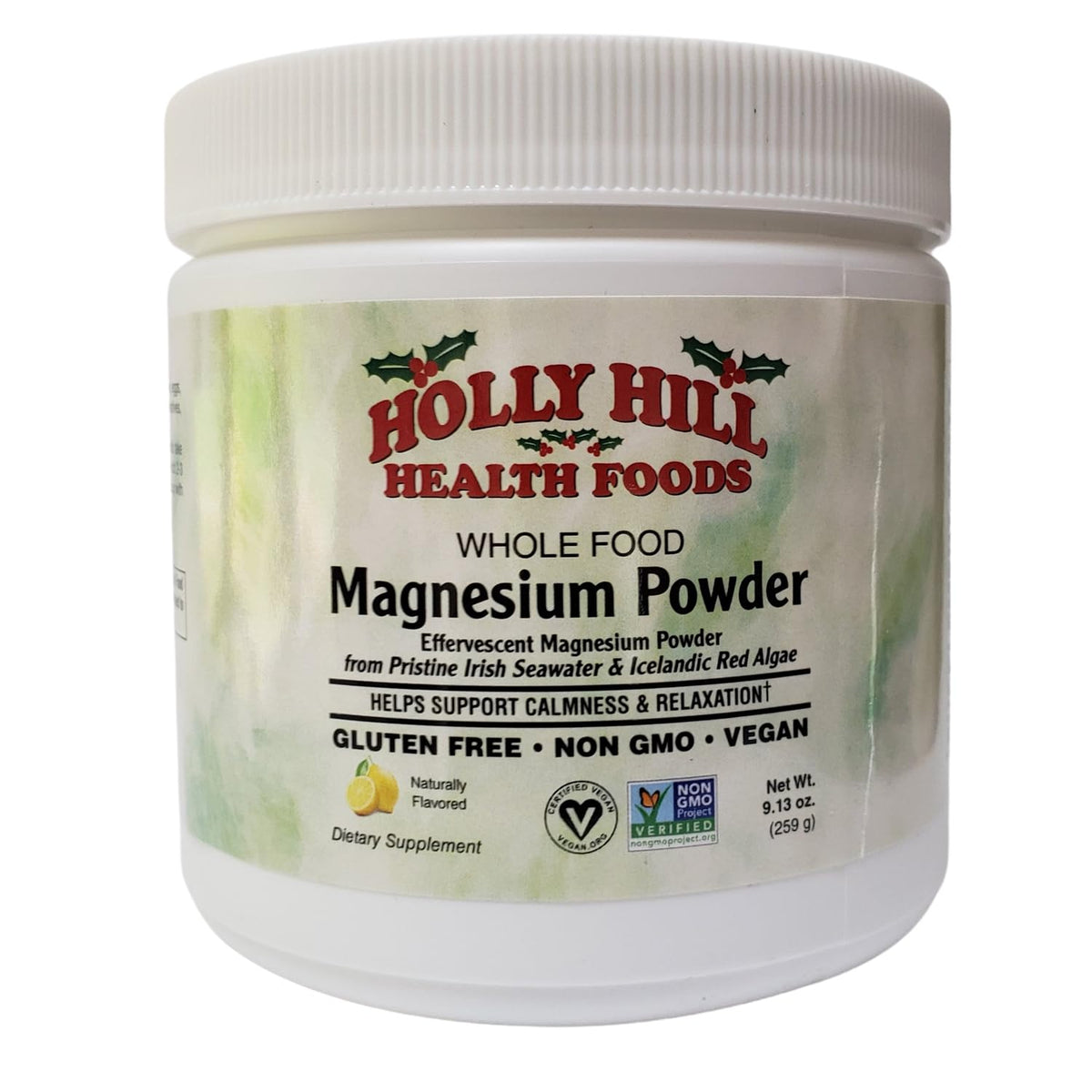 Holly Hill Health Foods magnesium powder bottle front view for daily hydration and relaxation