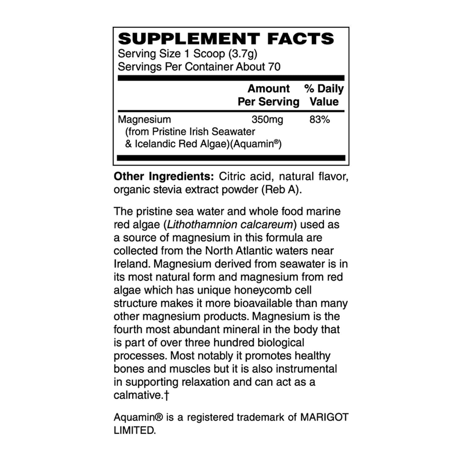 Holly Hill Health Foods magnesium powder ingredients label highlighting sea-sourced minerals
