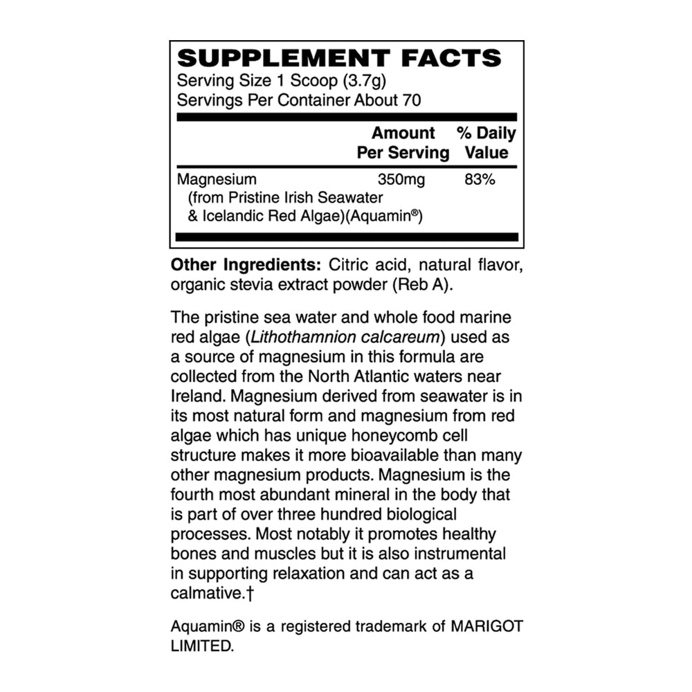 Holly Hill Health Foods magnesium powder ingredients label highlighting sea-sourced minerals