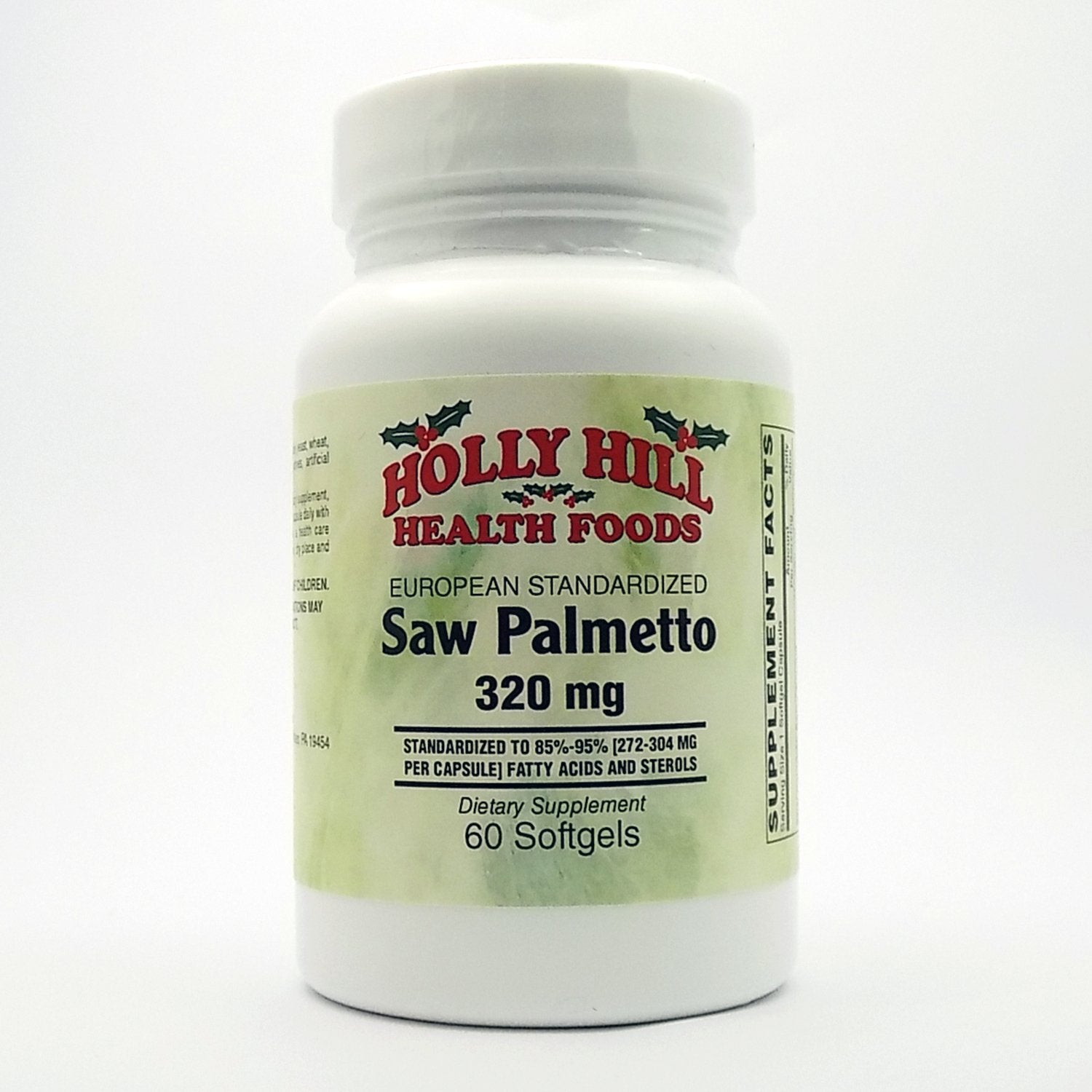 Holly Hill Health Foods European standardized saw palmetto bottle, showcasing 320 mg softgels for prostate health support