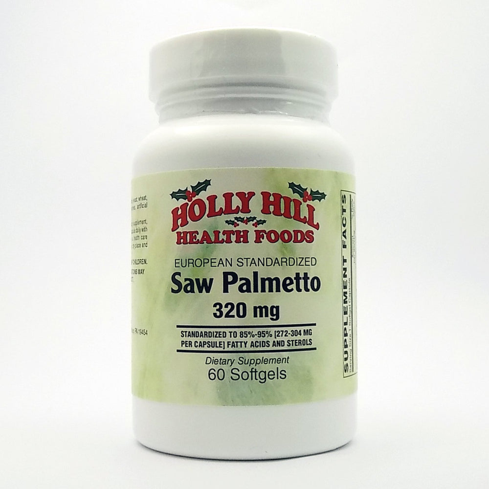 Holly Hill Health Foods European standardized saw palmetto bottle, showcasing 320 mg softgels for prostate health support