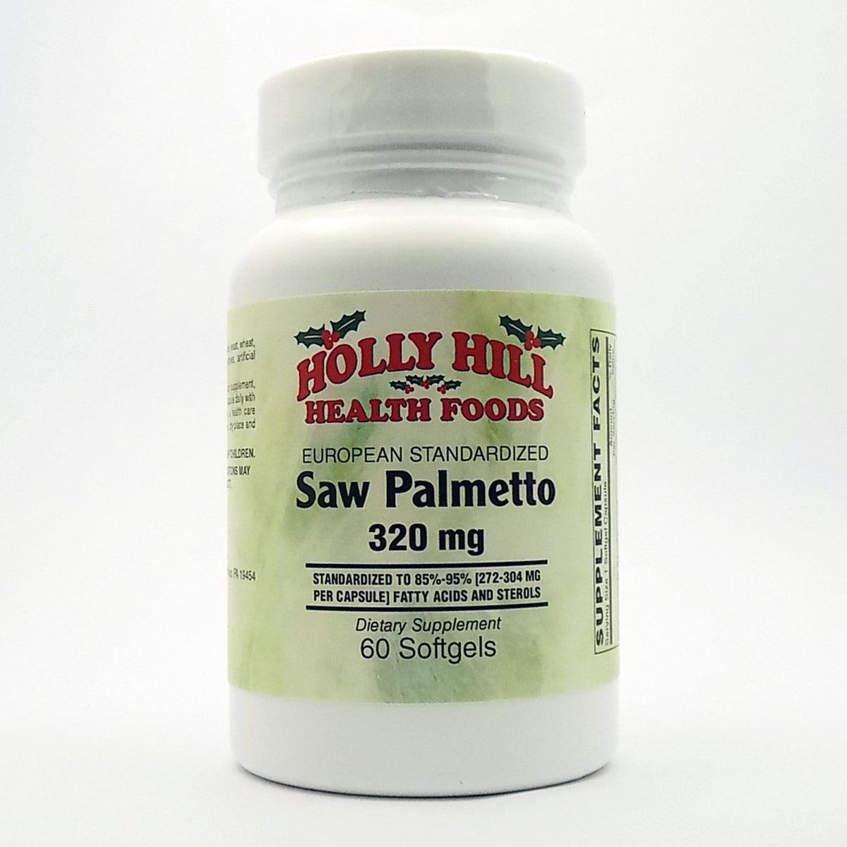 Holly Hill Health Foods European standardized saw palmetto bottle, showcasing 320 mg softgels for prostate health support