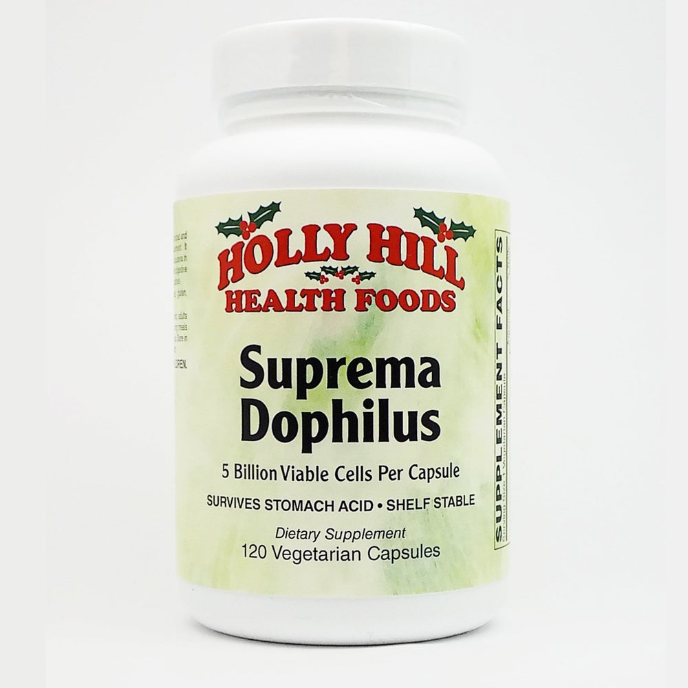 Holly Hill Suprema Dophilus bottle label highlighting probiotic strains for digestive support