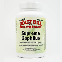 Holly Hill Suprema Dophilus bottle label highlighting probiotic strains for digestive support