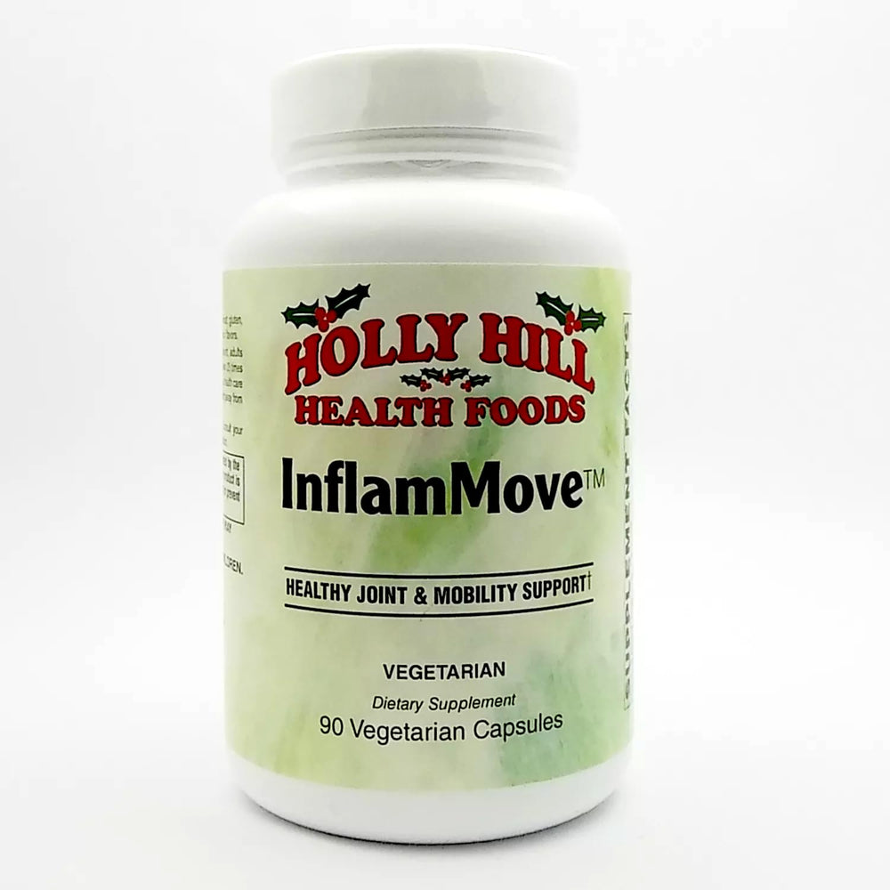 Holly Hill Inflammove bottle front with vegan capsules for joint support.