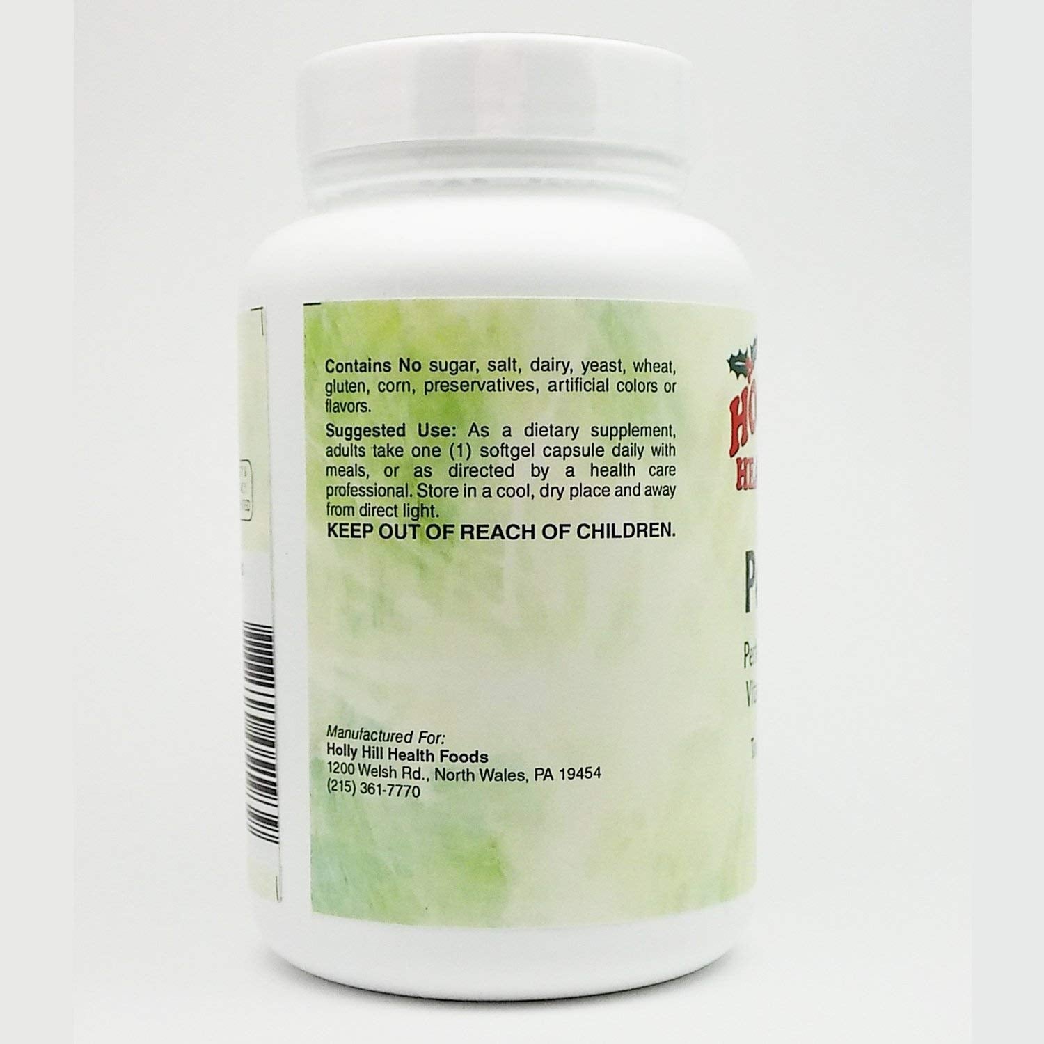 Holly Hill Perfect E Compound capsules spill suggesting easy-to-swallow softgels for daily use