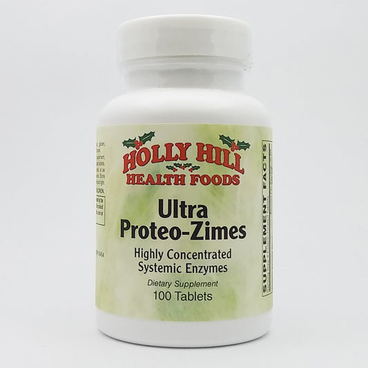 Holly Hill Ultra Proteo-Zimes bottle with enteric-coated tablets for potency and digestion-friendly delivery.