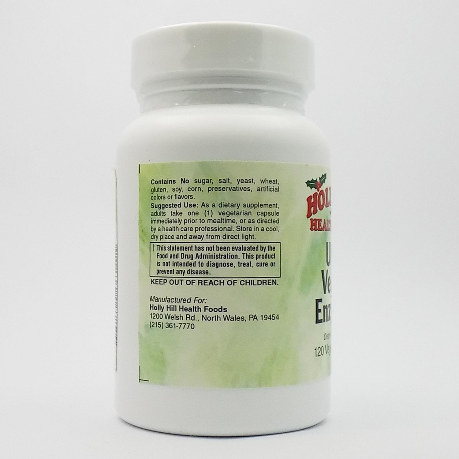 Holly Hill Ultra Veggie Enzymes label panel emphasizing vegan enzyme blend and broad digestive support
