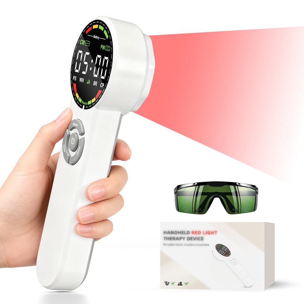 Holniva handheld red light therapy device on the face for skin comfort and rejuvenation