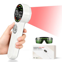 Holniva handheld red light therapy device on the face for skin comfort and rejuvenation