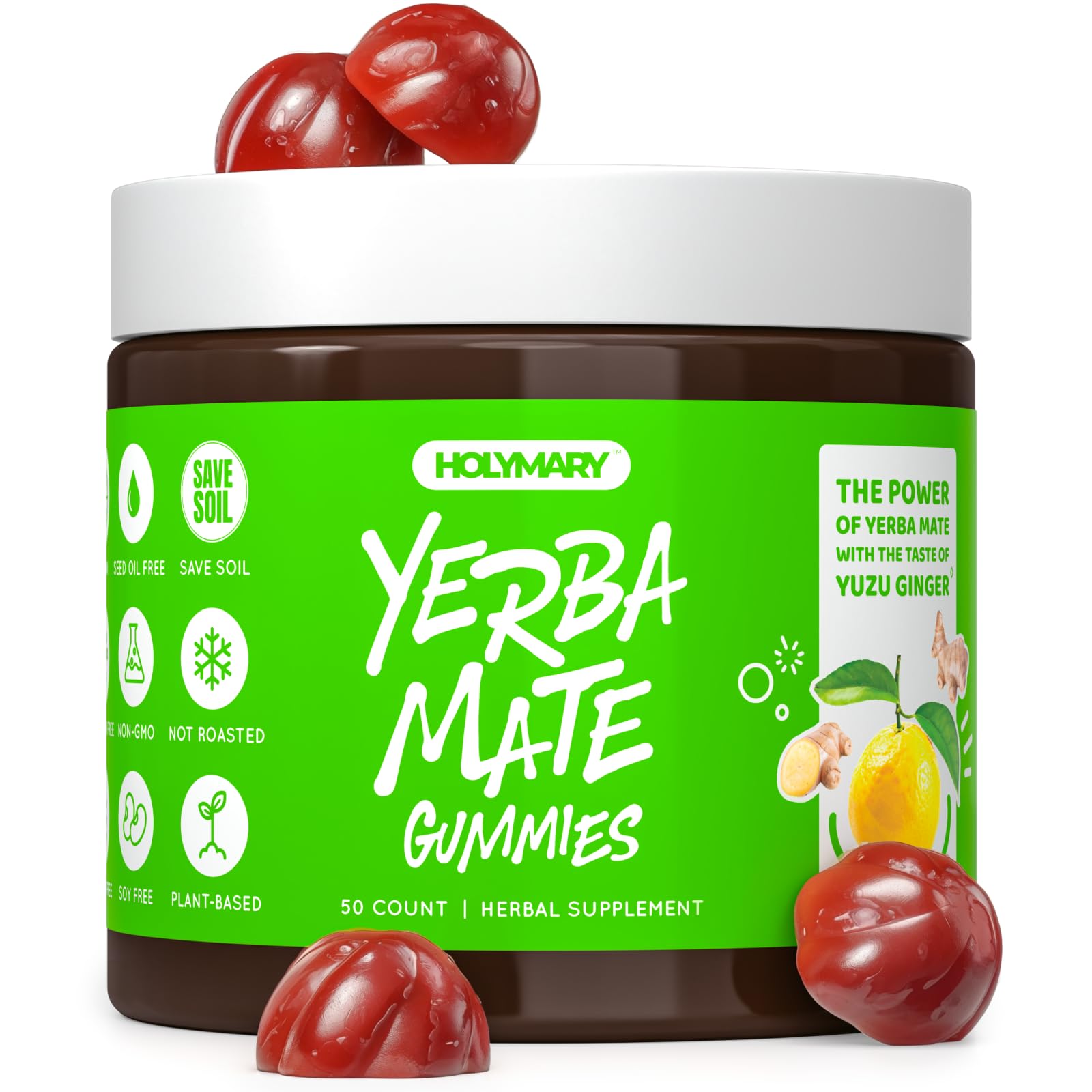 HOLYMARY Yerba Mate Gummies packaging shown for easy daily energy support
