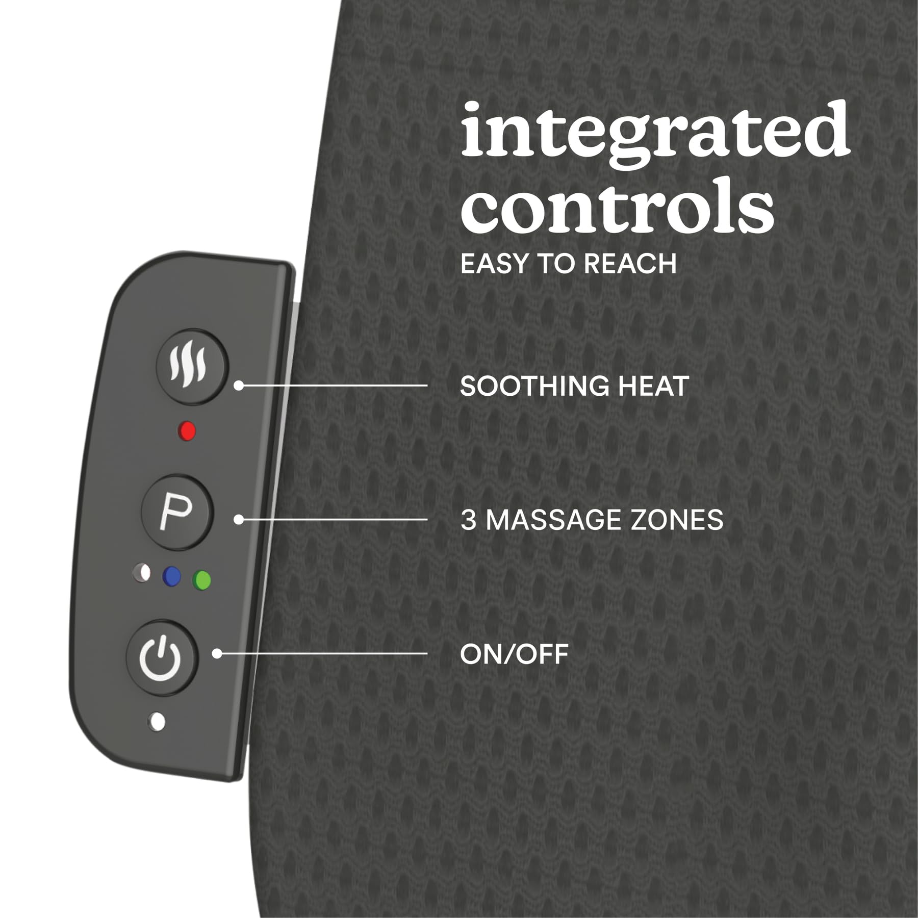 Three-zone control on the HoMedics cushion for customizable back relief.