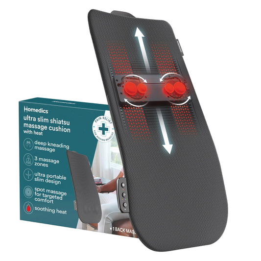HoMedics Ultra Slim Shiatsu Massage Cushion with full back coverage for targeted relaxation on any chair.