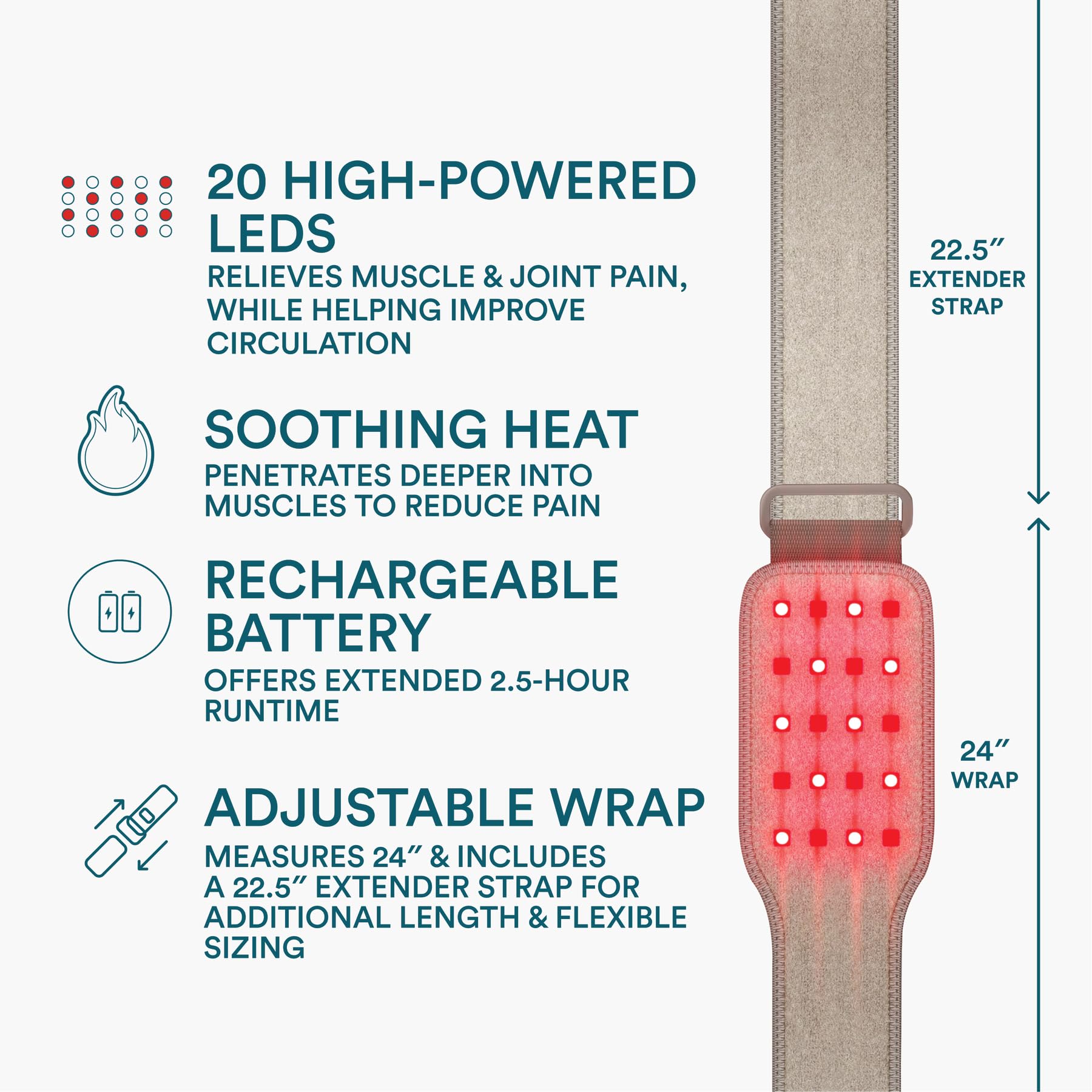 Homedics wrap with rechargeable battery for cordless portability.