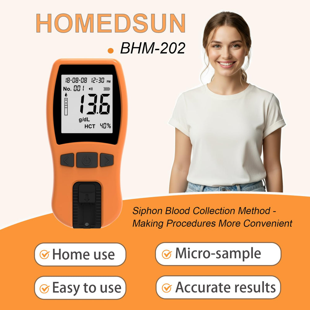 HOMEDSUN HSBHM-202 sample collection showing 5µL blood requirement