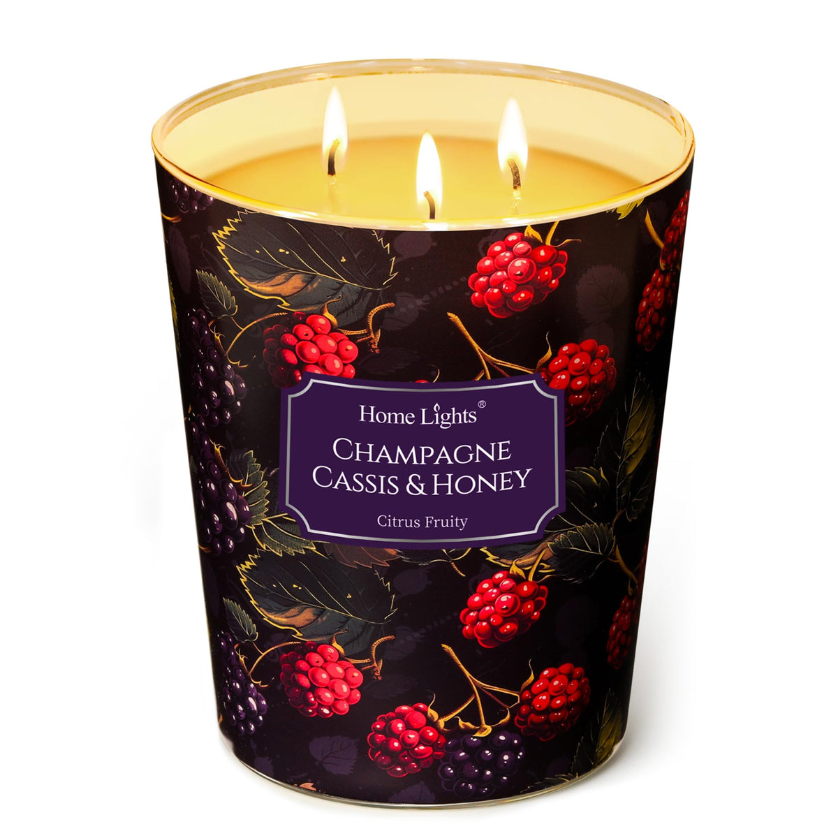 HomeLights 34oz three-wick candle in a jar with long-lasting fragrance.
