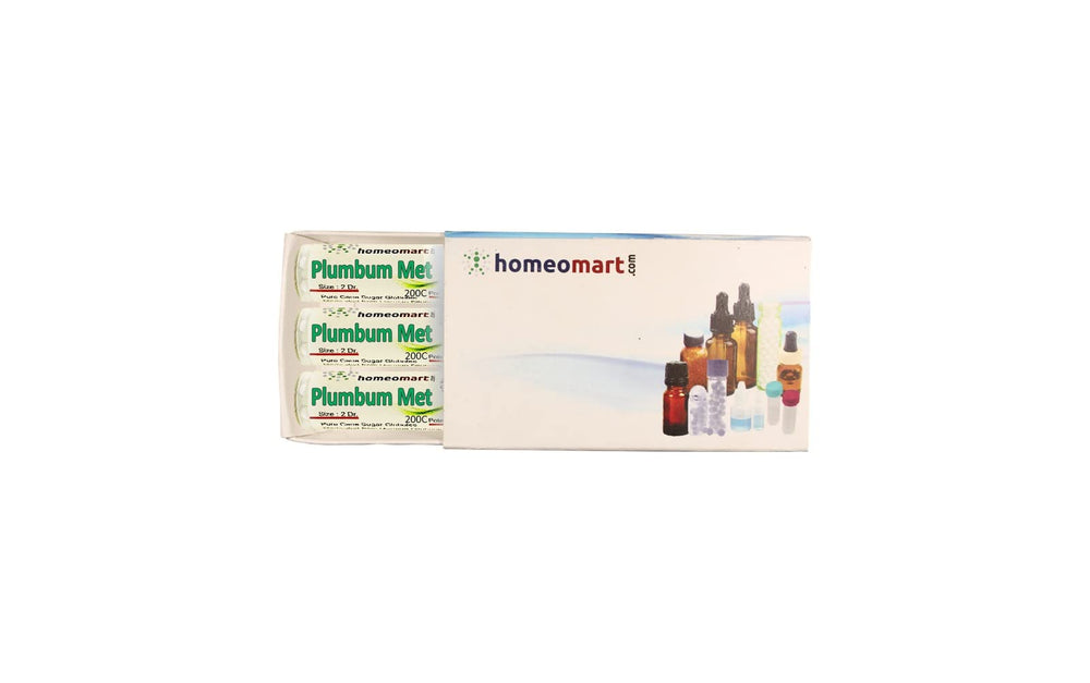 HomeoMart Plumbum Metallicum pellets in bottle close-up for precise dosing.