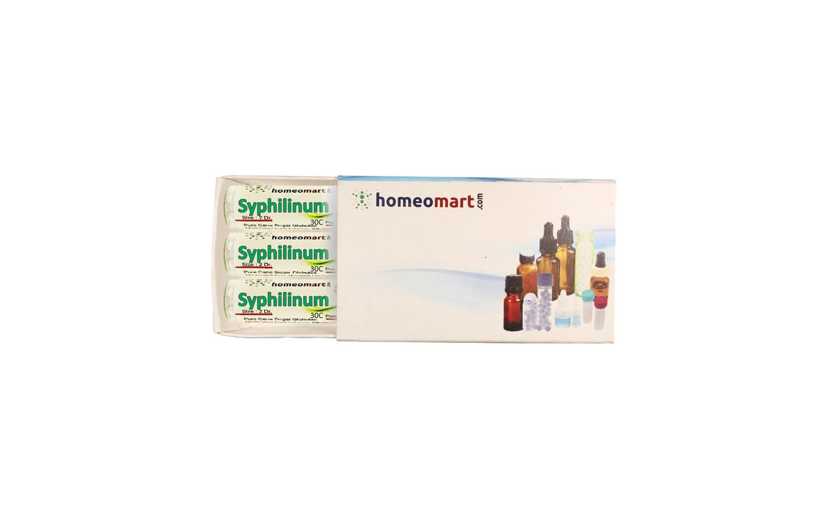 Homeomart syphilinum pellets 30C in glass vials for on-the-go use.