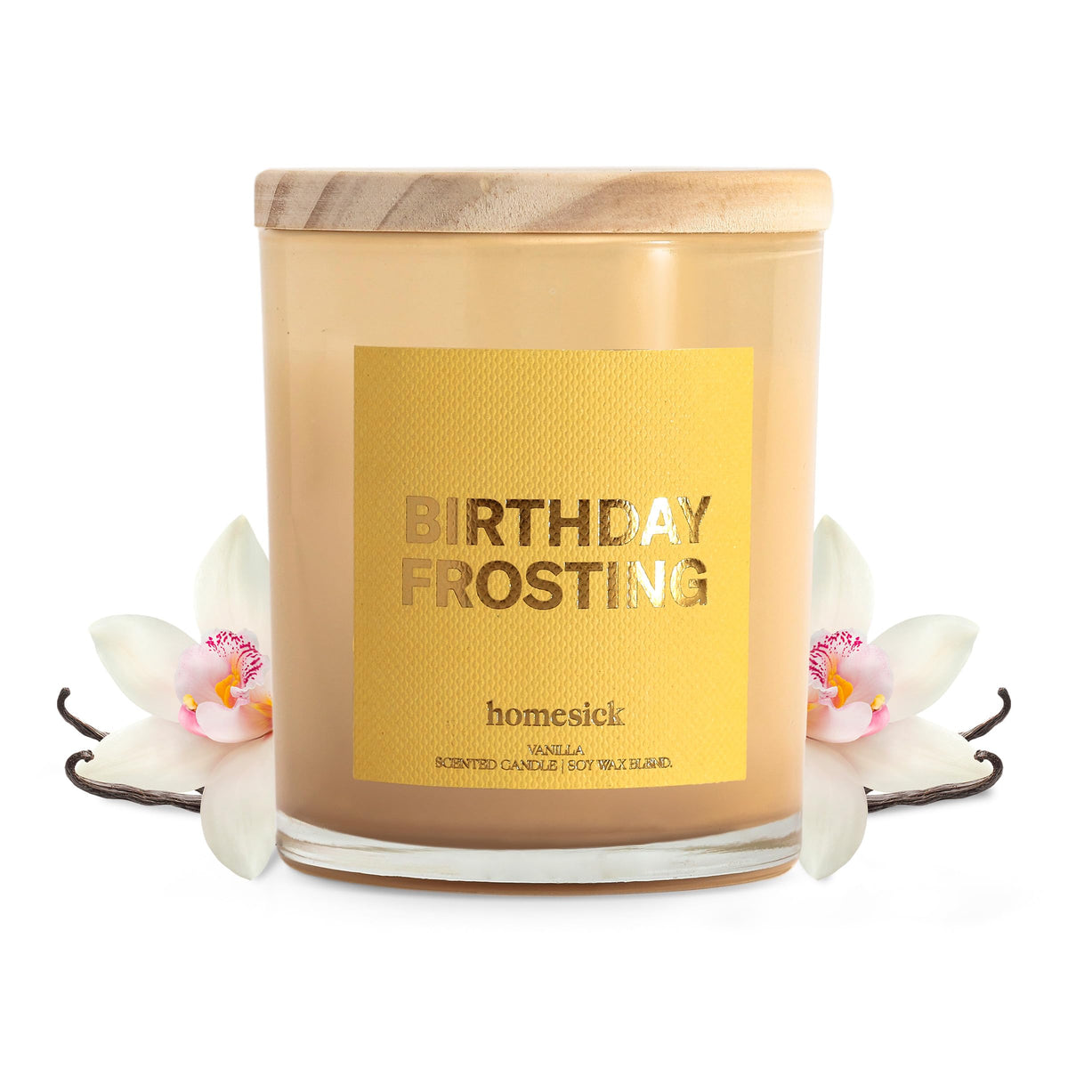 Homesick Birthday Frosting candle in a jar glows warmly for a cozy ambiance.