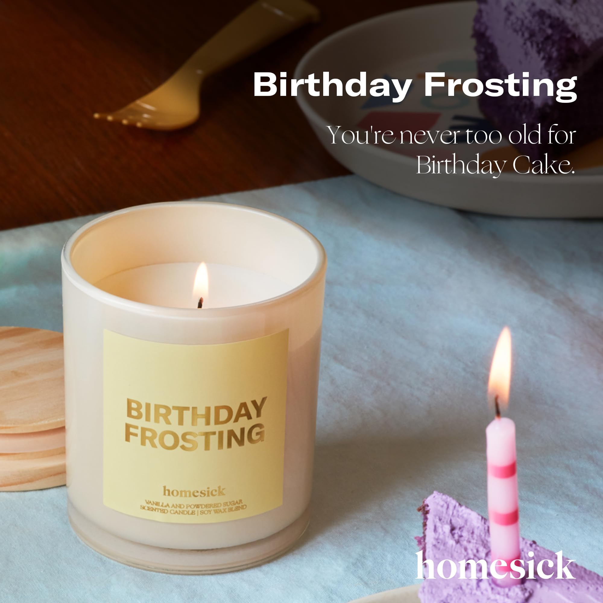 Homesick Birthday Frosting candle with vanilla honey scent offers comforting moments at home.