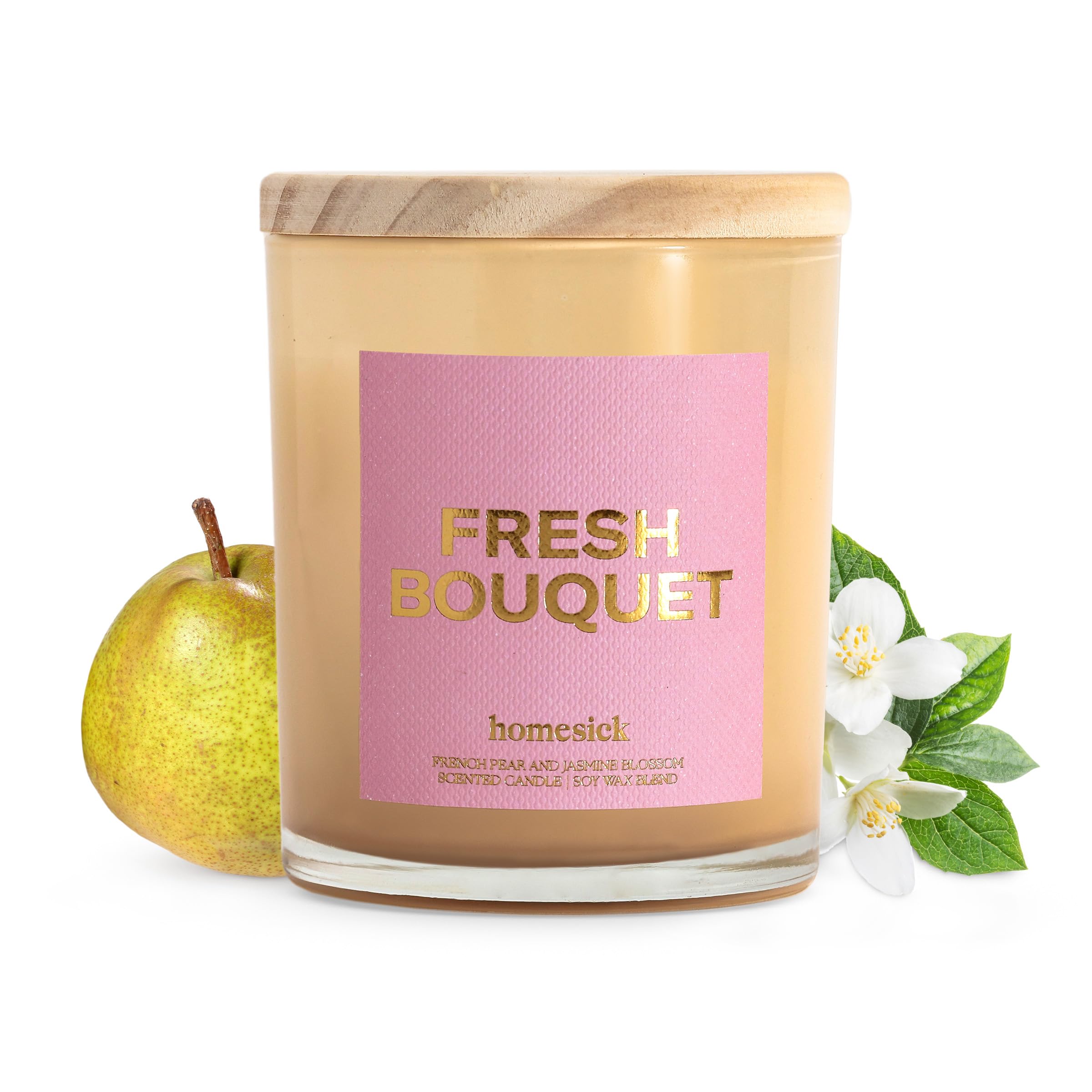 Homesick Fresh Bouquet candle in a clear jar with jasmine and rose notes.