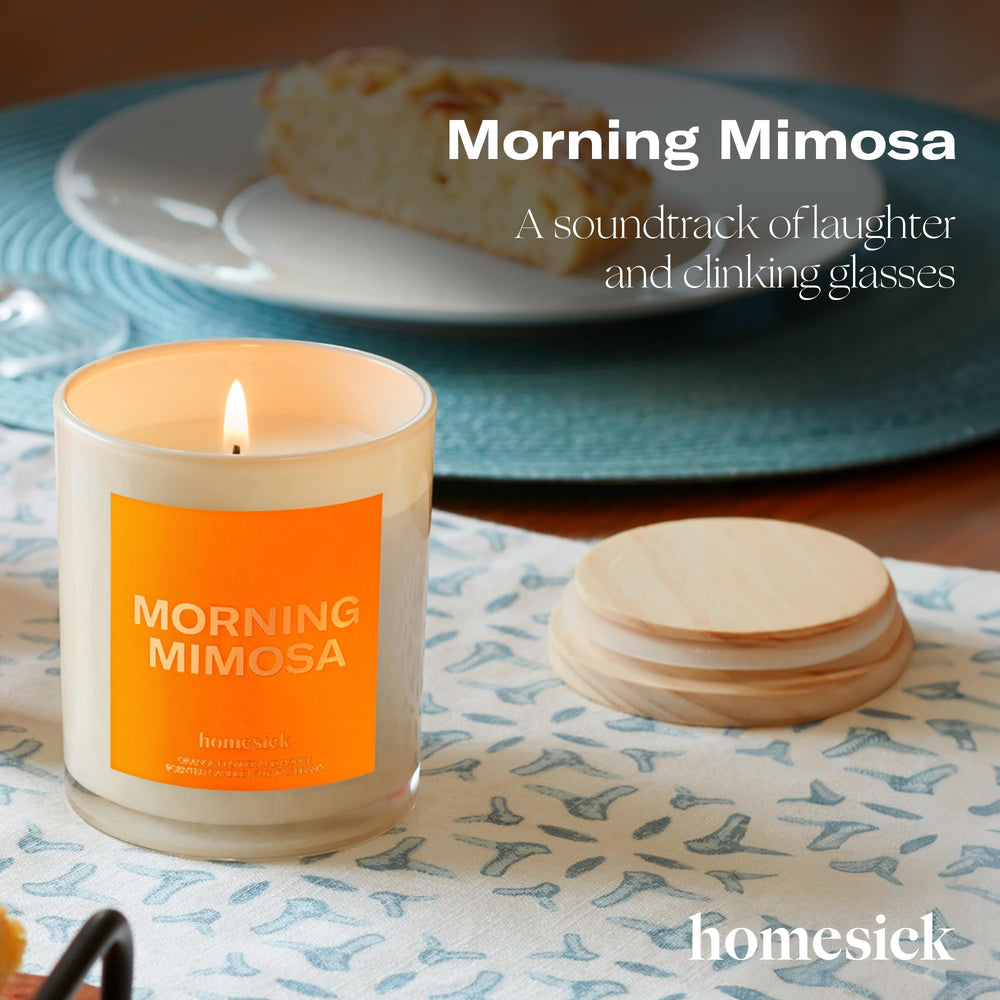 Homesick Morning Mimosa label closeup highlighting clean burn with cotton wick.