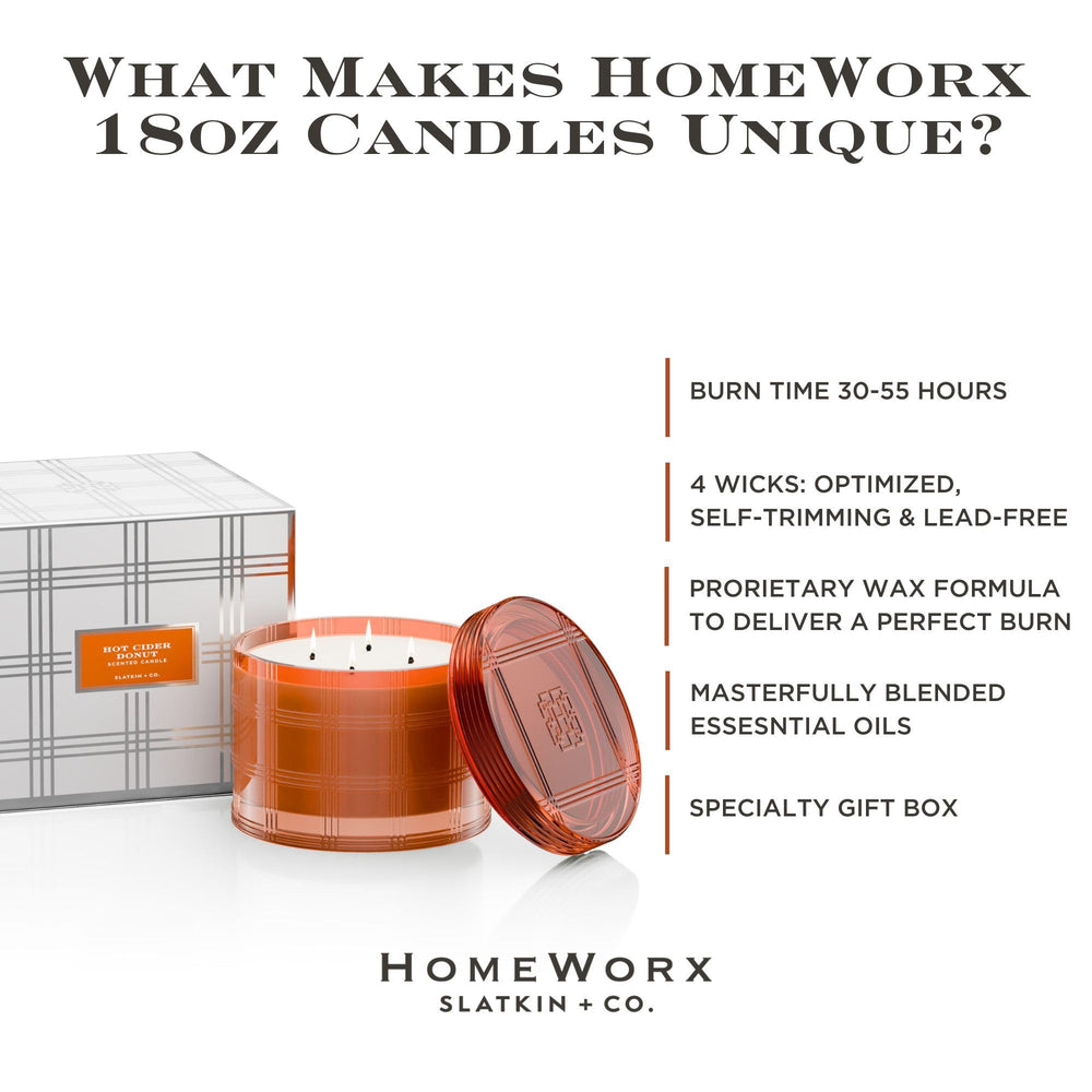 HomeWorx Hot Cider Donut candle label shows elegant branding and aroma promise
