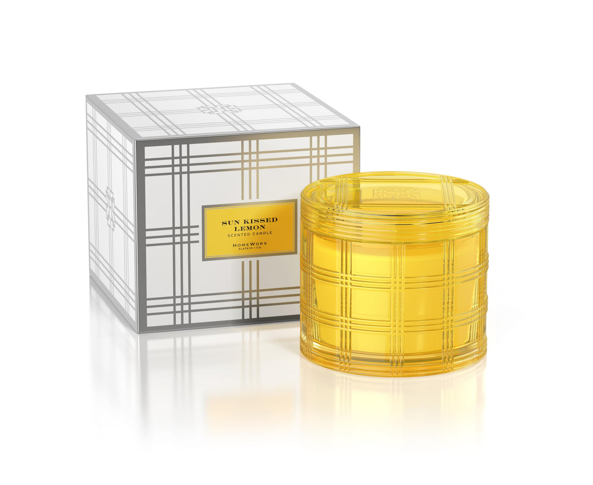 HomeWorx Sun Kissed Lemon 18oz Luxe Candle in colored glass elevates spaces with fresh citrus aroma