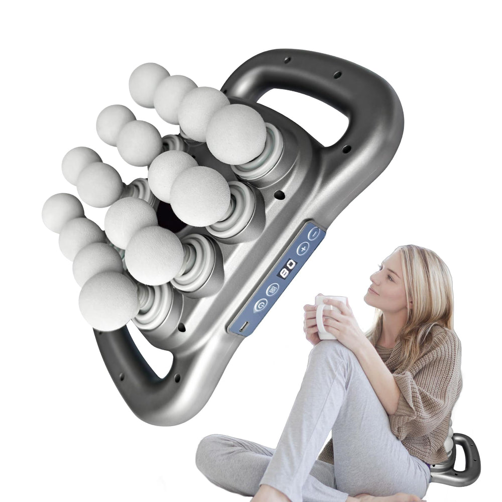 Homlume massage gun with 16 heads covers back, shoulders, arms, and legs for full-body relief.