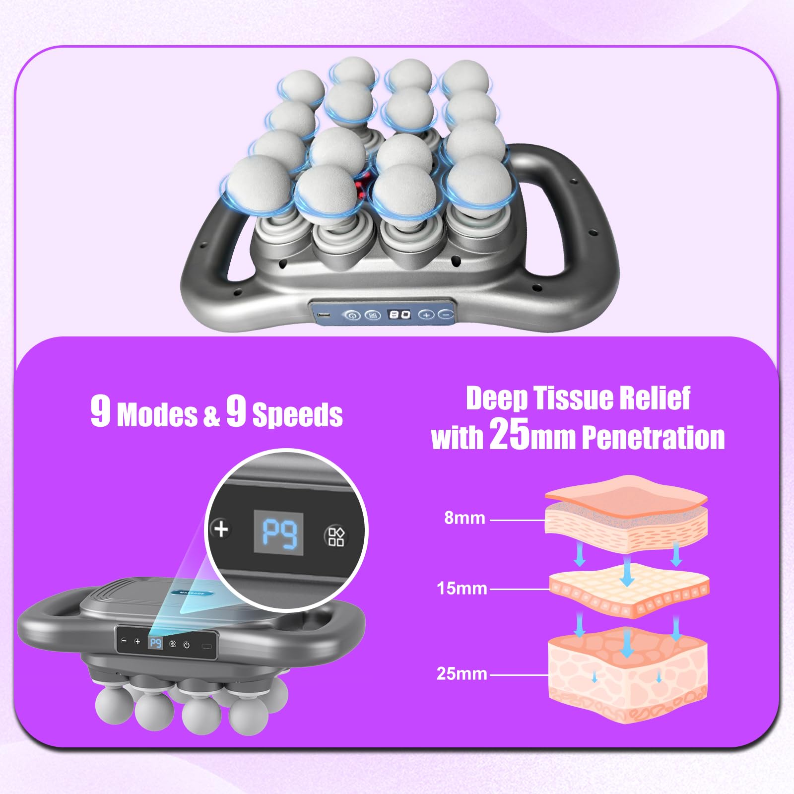 Homlume massage gun offers 9 modes and 9 levels for personalized sessions.