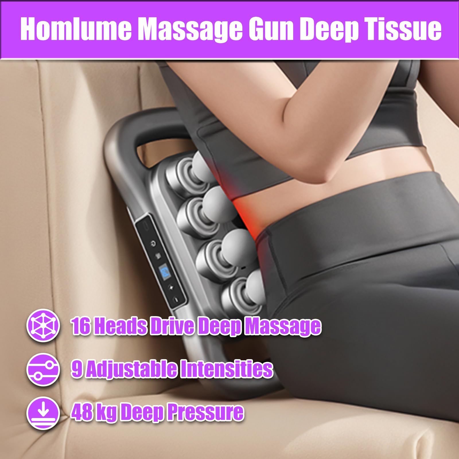 Homlume massage gun includes a 10-minute timer to protect muscles.