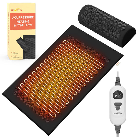 HOMLYNS heated acupuncture mat showing six heat levels for customizable relaxation