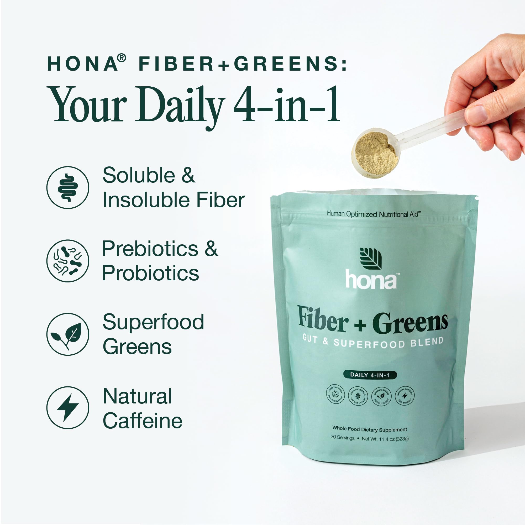 Hona Fiber + Greens gluten-free and vegan friendly certification badge.