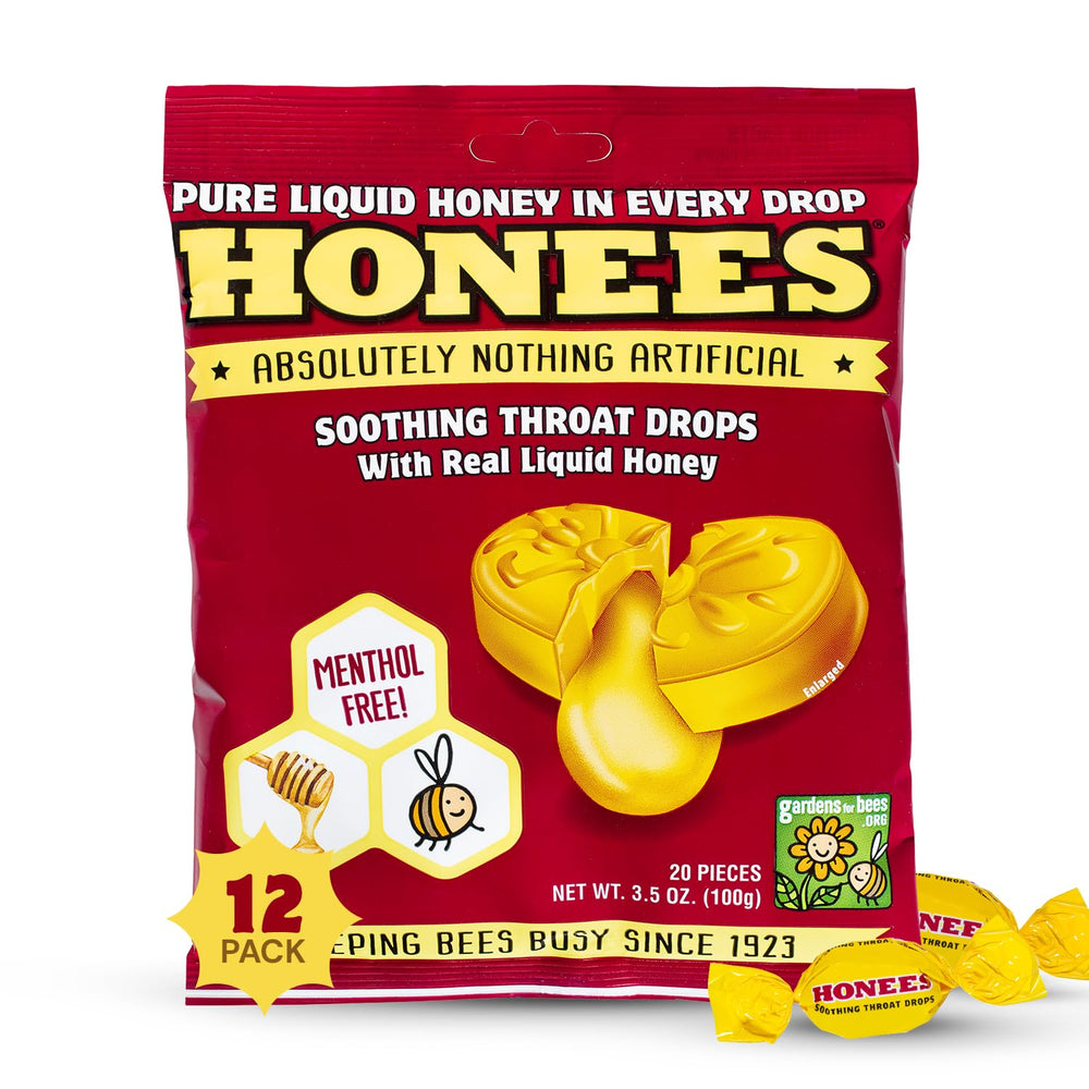 Honees Honey Filled Drops pack front, convenient 12-pack for on-the-go throat relief.