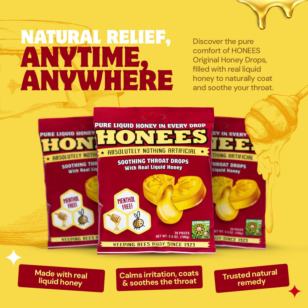 Honees resealable bag with individually wrapped drops, easy to carry at work or travel.