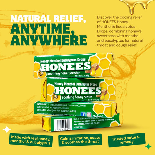 Honees Honey Menthol Drops Pack showcases natural sweetness and throat comfort.