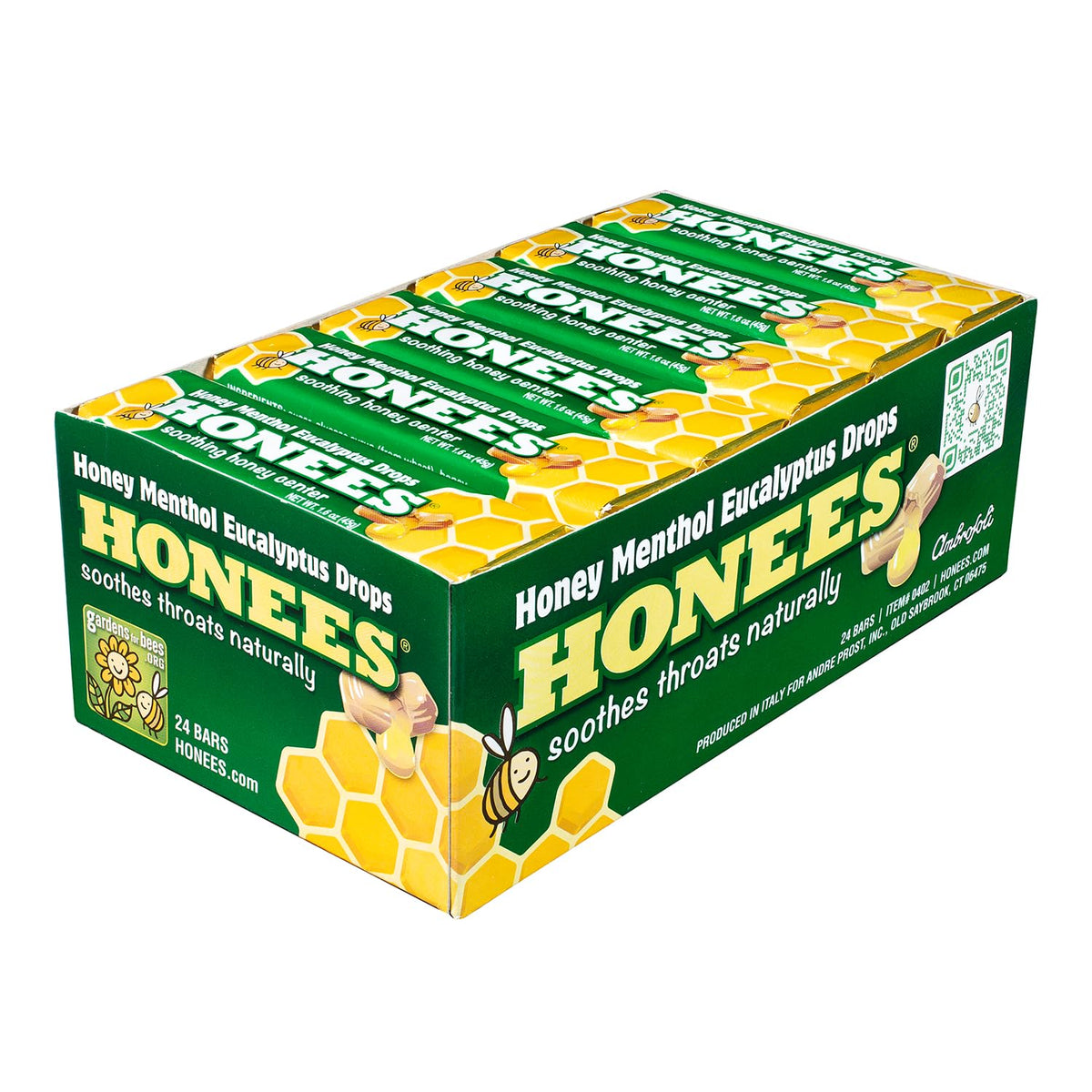Honees Menthol Eucalyptus drops close-up for soothing throat relief and cooling sensation.