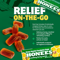 Honees Menthol Lemon Drops Pack offers refreshing citrus relief for throats.