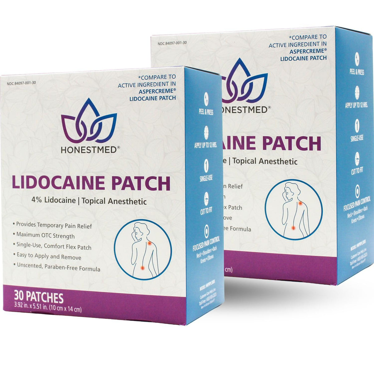 HONESTMED patch on forearm shows broad coverage for targeted muscle relief.